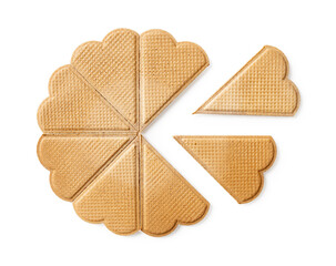 Sweet heart shaped wafers for garnishing are in a wheel form isolated on a white background. Thin flat waffle biscuits for ice cream decoration. Baked pastry for Valentine day food design.