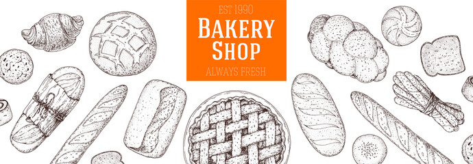 Illustration of different baked goods. Hand drawn vector illustration. Bakery sketch. Background template for design. Engraved food image. Hand drawn sketch with bread, pastry, sweet.