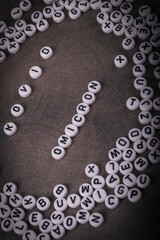 the words covid, omicron, are written in letters on a gray background. there are a lot of toy inscriptions nearby.