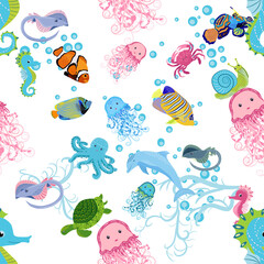 Marine life, fish, animals bright seamless pattern. sea travel, underwater diving animal tropical fish. Jellyfish, whale, shark, seahorse, clown fish, dolphin, turtle, emperor