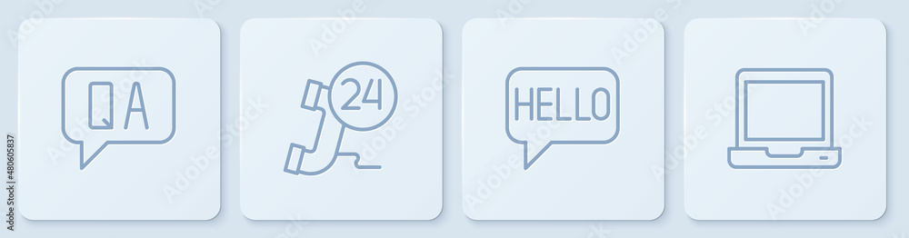 Poster set line question and answer, hello in different languages, telephone 24 hours support and laptop. w