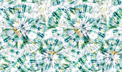 Bright beautiful textile digital imitation tie diy batik pattern print tile wallpaper decor with abstract streaks of paint with green and white background.