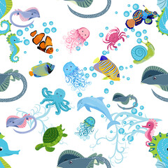 Marine life, fish, animals bright seamless pattern. sea travel, underwater diving animal tropical fish. Jellyfish, whale, shark, seahorse, clown fish, dolphin, turtle, emperor