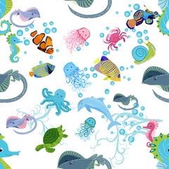 Fotobehang Onder de zee Zeeleven, vissen, dieren helder naadloos patroon. zee reizen, onderwater duiken dierlijke tropische vissen. Kwallen, walvis, haai, zeepaardje, anemoonvis, dolfijn, schildpad, keizer
