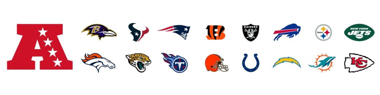 NFL 2022. AFC Conference. New England Patriots, Buffalo Bills, Miami Dolphins, NY Jets, Baltimore Ravens, Tennessee Titans, Houston Texans, City Chiefs, LA Chargers, Denver etc. Kyiv - Jan 25, 2022