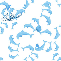 Dolphin, sea inhabitants seamless pattern, beautiful character among seashells, algae, starfish, marine wildlife