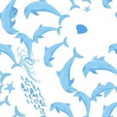 Naklejka premium Dolphin, sea inhabitants seamless pattern, beautiful character among seashells, algae, starfish, marine wildlife