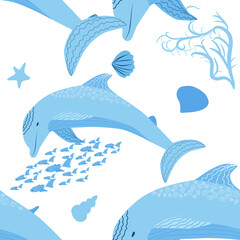 Obraz premium Dolphin, sea inhabitants seamless pattern, beautiful character among seashells, algae, starfish, marine wildlife