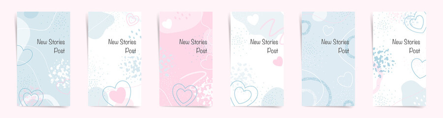 Valentine's day sale stories banners fashion template set. Elegant fashion style stories and promo posts. Design with abstract shapes, hearts and geometric waves in white, blue, and pink colors set.