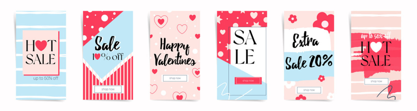 Trendy Valentine Day Stories template. Set of 8 lovely hearts patterns. Design template for social networks, instastories, vertical banners, business posts and sale posters.
