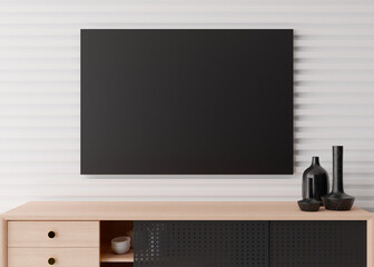 Picture mockup on white wall in modern living room. Mock up interior in minimalist, scandinavian style. Free space for your picture. Wooden console and black vases. 3D rendering. Close up view.