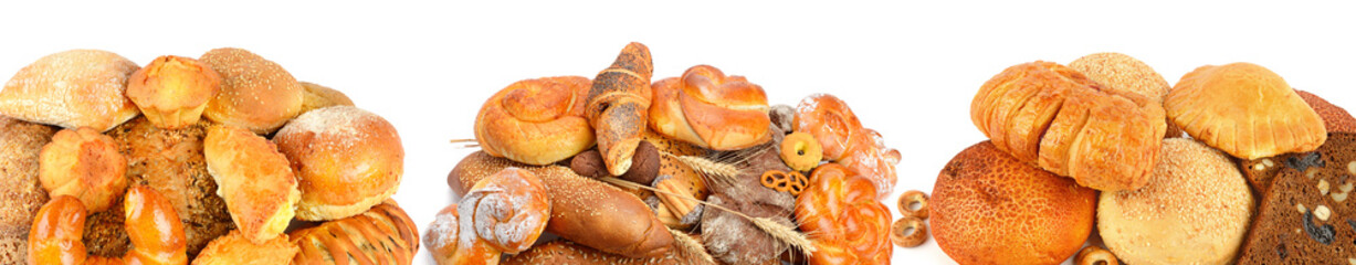 Sweet and fresh bread products in row isolated on white. Collage. Wide photo