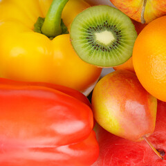 bright background from various fruits and vegetables.