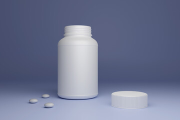 A plastic jar for medicines on the table and white dragees and a lid lying next to each other. 3D render.