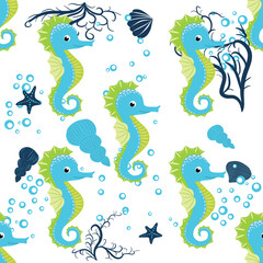 Fototapeta premium Seahorse, sea inhabitants seamless pattern, beautiful character among seashells, seaweed, starfish, marine