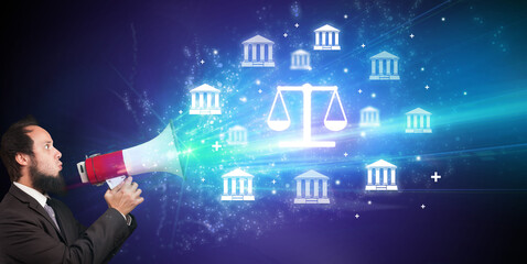 Young person with megaphone and business icon