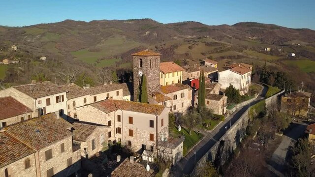 aerial view of the medieval village of Frontino  in the Province of Pesaro and Urbino in the Marche region