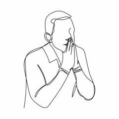Continuous one simple single abstract line drawing of man male praying icon in silhouette on a white background. Linear stylized.