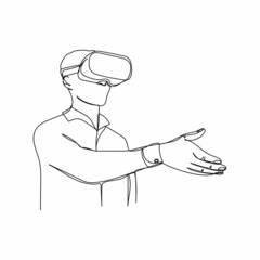 Continuous one simple single abstract line drawing of man shaking hands vr icon in silhouette on a white background. Linear stylized.