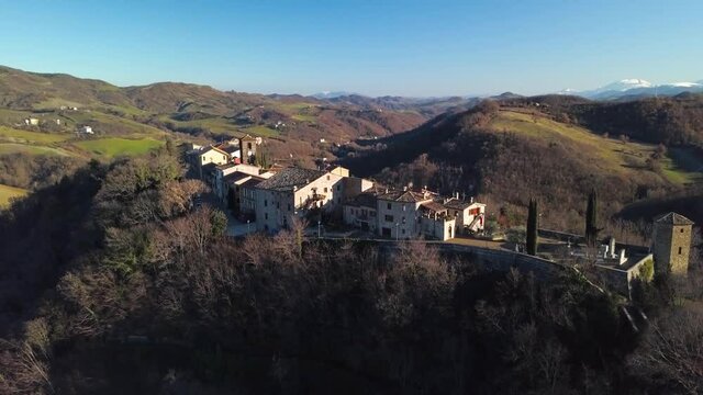 aerial view of the medieval village of Frontino  in the Province of Pesaro and Urbino in the Marche region