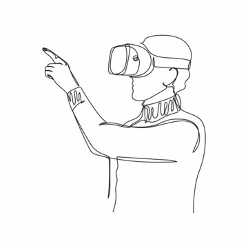 Continuous one simple single abstract line drawing of man swiping vr icon in silhouette on a white background. Linear stylized.