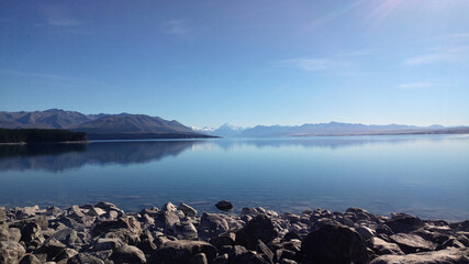 Reflective lake water of Mount Cook National Park, South Island, New Zealand