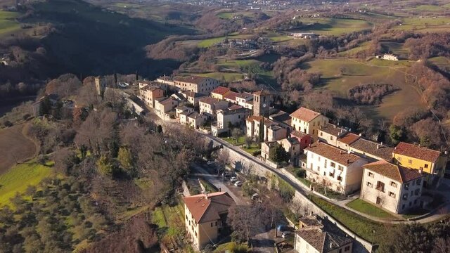 aerial view of the medieval village of Frontino  in the Province of Pesaro and Urbino in the Marche region