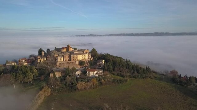 aerial view of the medieval village of Piticchio di Arcevia in the Province of Ancona in the Marche region