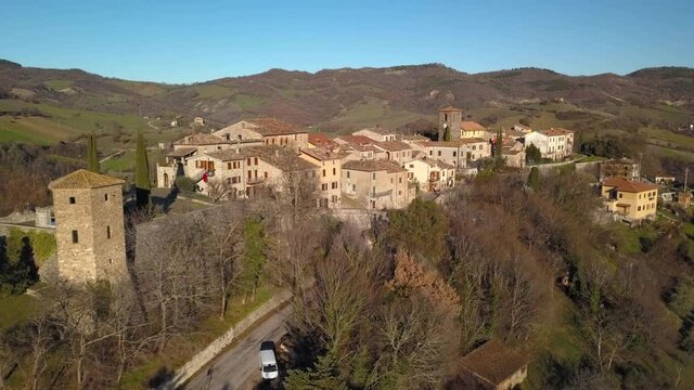 aerial view of the medieval village of Frontino  in the Province of Pesaro and Urbino in the Marche region