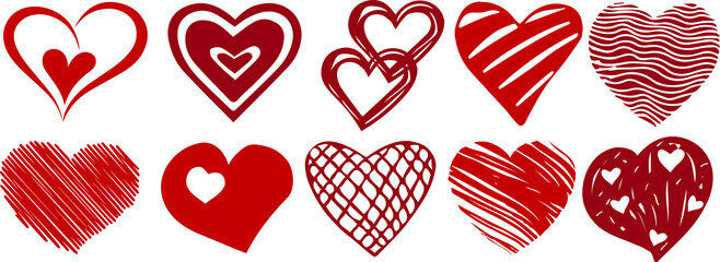 Set of red hearts. Collection of heart icons. Valentine's day frame. Drawing on February 14th. For wallpapers, textiles, backgrounds and postcards.