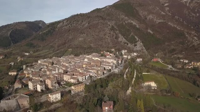 aerial view of the medieval village of Piticchio di Arcevia in the Province of Ancona in the Marche region