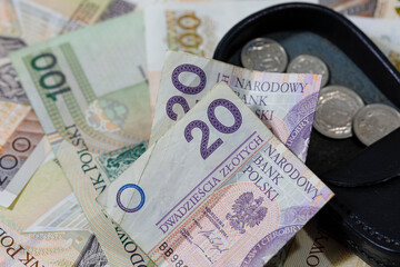 Black purse with coins and Polish banknotes , PLN