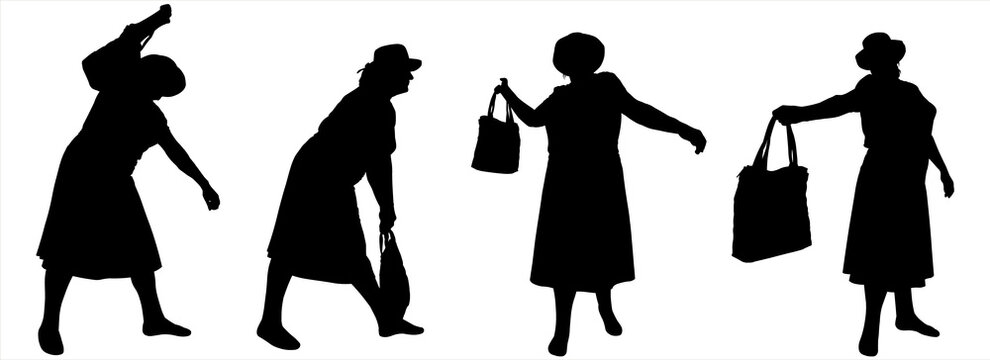 Woman swings her bag, fighting off the attack. Four postures of self-defense for a woman. Silhouettes isolated. Woman in a summer hat, dress, blouse, and skirt, with a handbag in her hand. Side view.