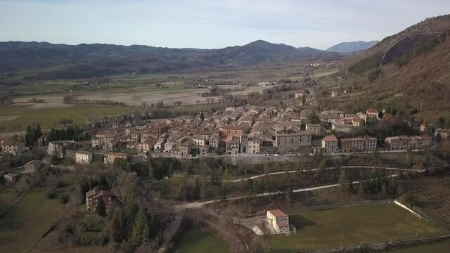 aerial view of the medieval village of Piticchio di Arcevia in the Province of Ancona in the Marche region