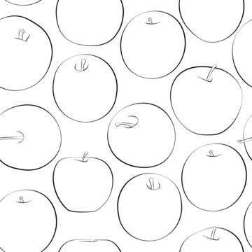 Apples seamless patterns. Line drawing. Lines have different widths. Black white. Vector grafic. 1000x1000