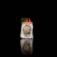 Uramaki Sushi Rolls with tuna on black background. Sushi menu. Japanese food.