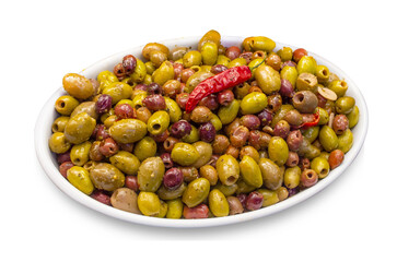 Green olive salad background with a chilli on top dish