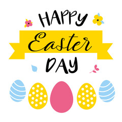 Colorful greeting card. Happy easter colorful different easter eggs and patterns texture with flower and butterfly on white background. Template for postcards, flyers, banners. Illustration.