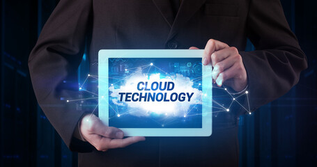 Person holding tablet, technology concept