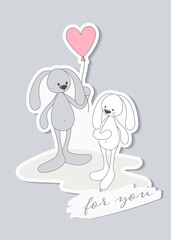 Romantic illustration for Valentine's Day. Cute bunnies with a heart-shaped balloon. Vector illustration.