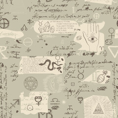 Abstract pattern in the style of an ancient manuscript of alchemical, esoteric, mystical symbols and unreadable handwritten scribbles. Seamless background with astrological icons