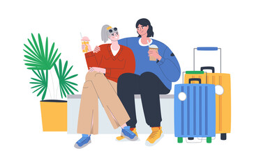 A couple of travelers with suitcases waiting for a flight. A young man and a girl drink coffee and juice. Flat vector illustration isolated on white background.
