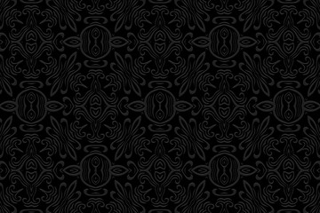 Embossed black background, vintage cover design, abstract art deco style. Geometric monochrome 3D pattern, hand drawn style. Ethnic creativity of the peoples of the East, Asia, India, Mexico, Aztec.