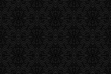 Embossed black background, vintage cover design, elegant art deco style. Geometric monochrome 3D pattern, hand drawn style. Ethnic creativity of the peoples of the East, Asia, India, Mexico, Aztecs.