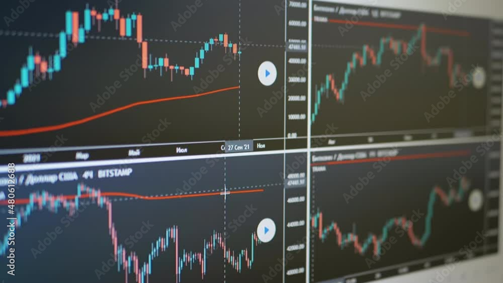 Poster Technical price candlestick chart graph of Movement of Cryptocurrency on Screen. Stock Exchange. A trader analyzes a graph of cryptocurrency on a notebook, drives cursor on a grid diagram, up arrow.