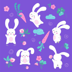 White rabbits with carrots and clover. Cute cartoon set.