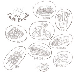 A set of fast food lunch dishes. Classic burger, package of French fries, fried crispy chicken leg, barbecue, grilled sausages, shawarma, hot dog and pizza. Sketch of the engraving food