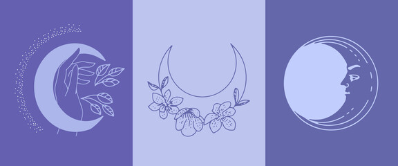 A set in very peri color of mystical boho-style templates. Esoteric vector illustrations of the moon and crescent.