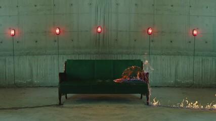 An old sofa burns in the abandoned place . The furniture is on fire . Fire starts to growing on coach or armchair . Flames Igniting And Burning  . Concrete wall background with alert red lights 