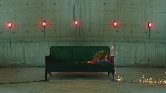 An old sofa burns in the abandoned place . The furniture is on fire . Fire starts to growing on coach or armchair . Flames Igniting And Burning  . Concrete wall background with alert red lights 